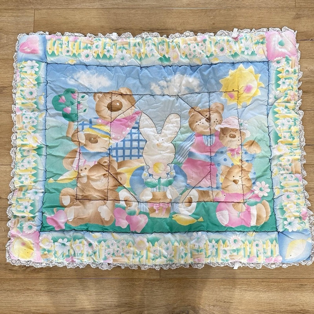 VTG Baby Blanket Pastel Bear Bunny Babies Crib Cover Quilted Hand Stitched 1990s